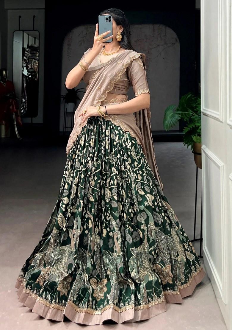 Green Embroidered Silk Lehenga Set - Indya
