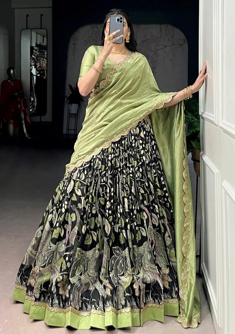 Black Embroidered Silk Lehenga Set - Indya