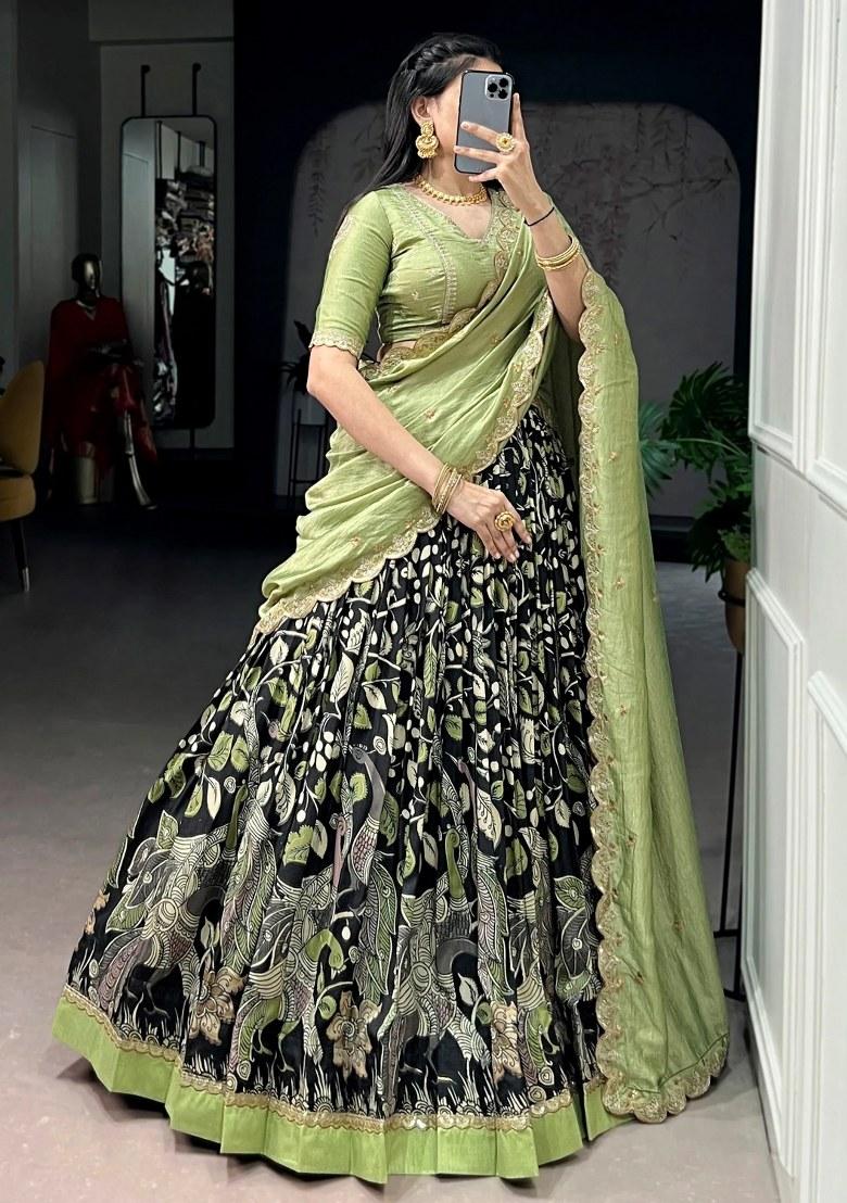 Black Embroidered Silk Lehenga Set - Indya