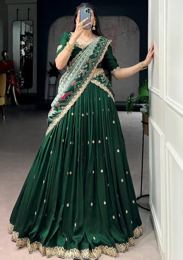 Green Embroidered Silk Lehenga Set - Indya