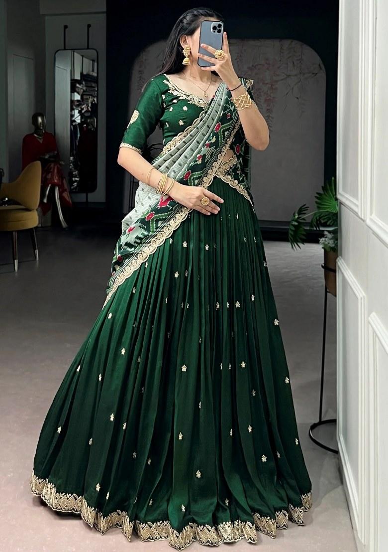 Green Embroidered Silk Lehenga Set - Indya