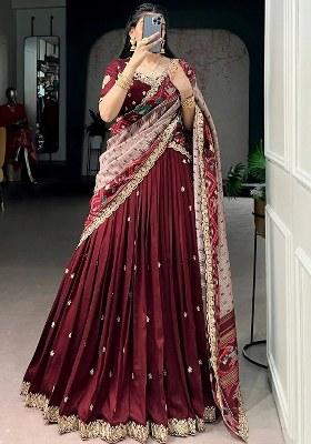 Maroon Embroidered Silk Lehenga Set