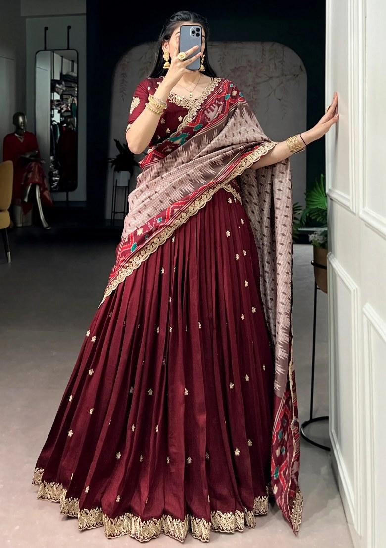 Maroon Embroidered Silk Lehenga Set - Indya