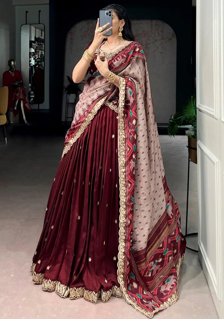 Maroon Embroidered Silk Lehenga Set - Indya