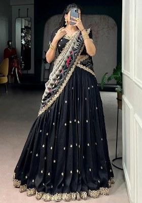 Black Embroidered Silk Lehenga Set