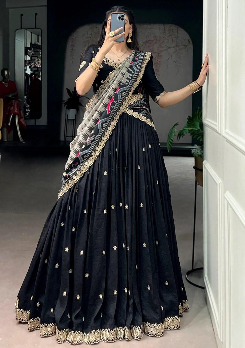 Black Embroidered Silk Lehenga Set - Indya