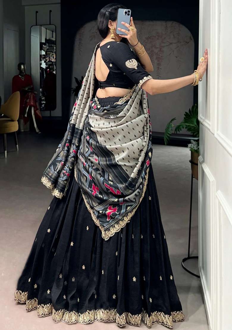 Black Embroidered Silk Lehenga Set for Diwali and Festive Wear - Indya