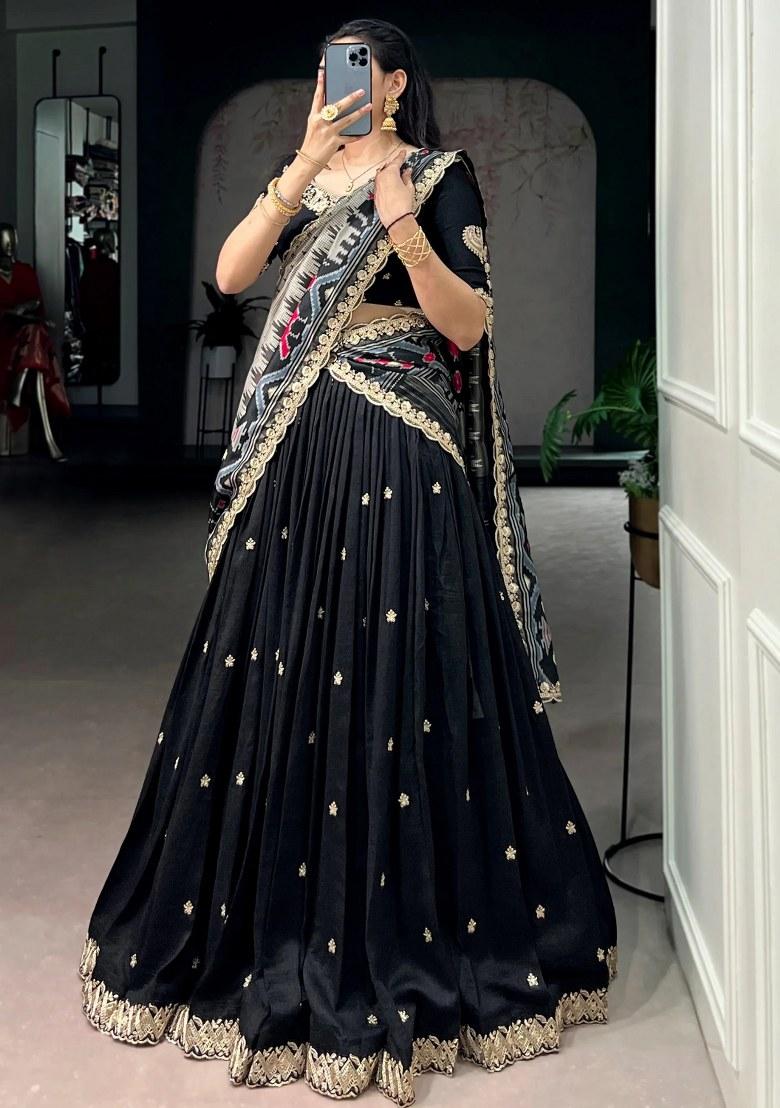 Black Embroidered Silk Lehenga Set - Indya