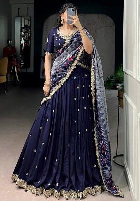 Navy Blue Embroidered Silk Lehenga Set
