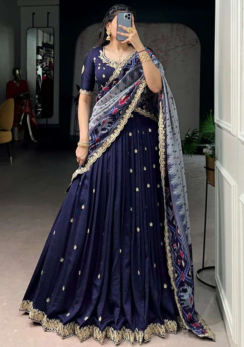 Navy Blue Silk Lehenga Set with Embroidered for Diwali | Wedding & Festive Wear - Indya