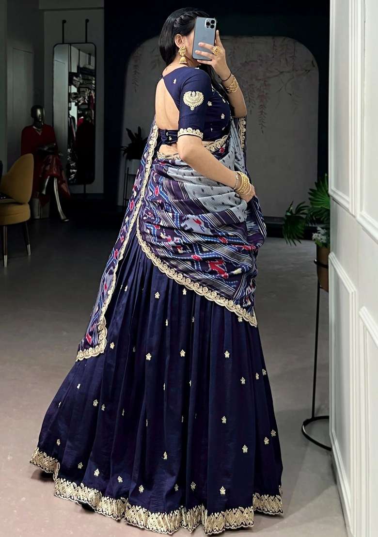 Navy Blue Silk Lehenga Set with Embroidered for Diwali | Wedding & Festive Wear - Indya