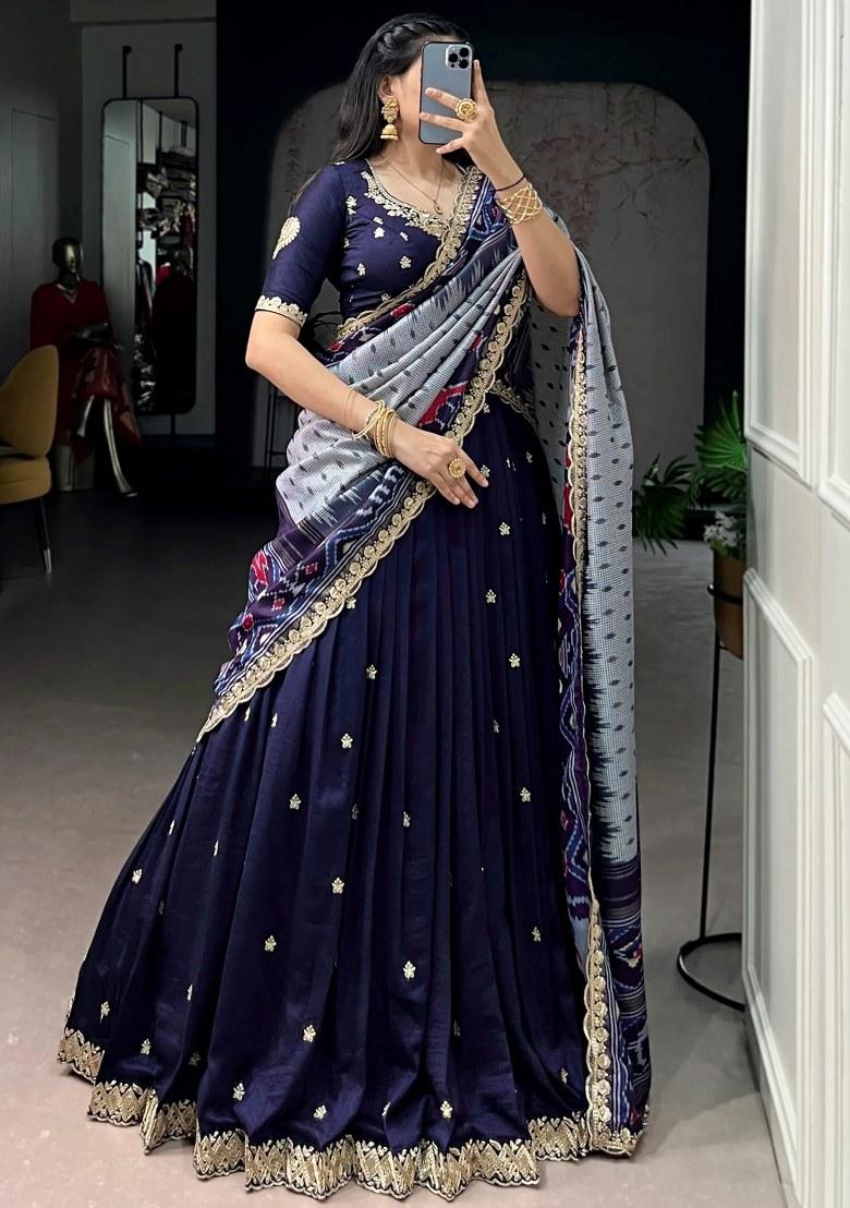 Navy Blue Embroidered Silk Lehenga Set - Indya