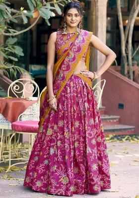 Pink Foil Work Silk Lehenga Set