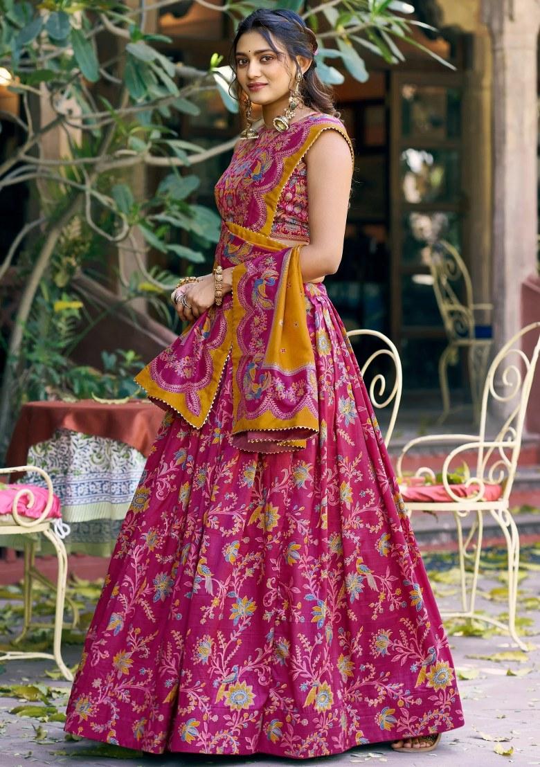 Pink Foil Work Silk Lehenga Set - Indya
