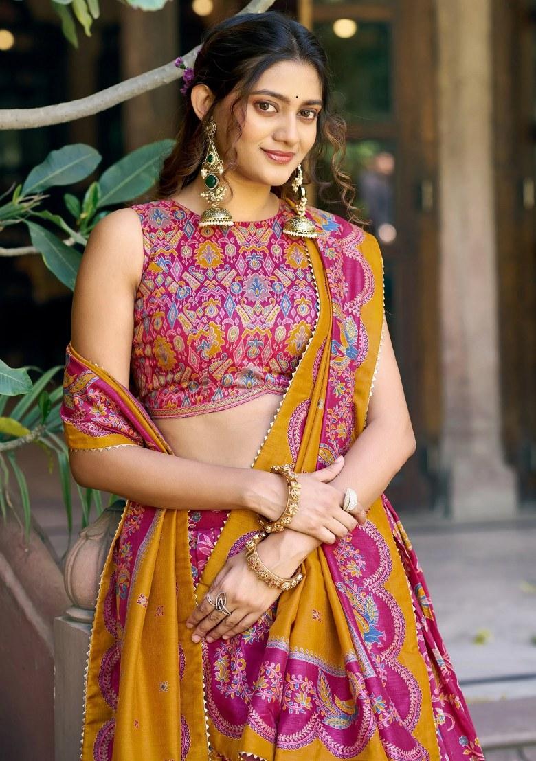 Pink Foil Work Silk Lehenga Set - Indya
