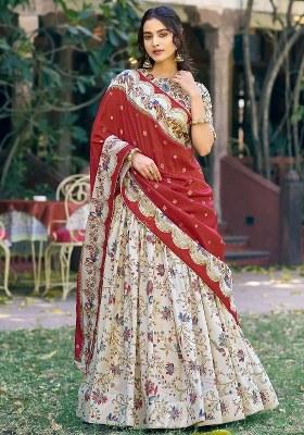 Off White Foil Work Silk Lehenga Set
