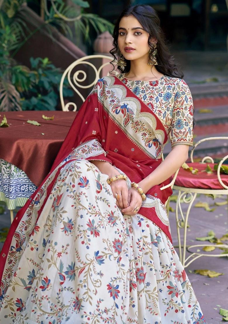 Off White Foil Work Silk Lehenga Set - Indya