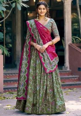 Green Foil Work Silk Lehenga Set
