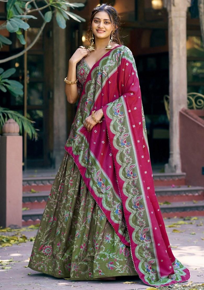 Green Foil Work Silk Lehenga Set - Indya