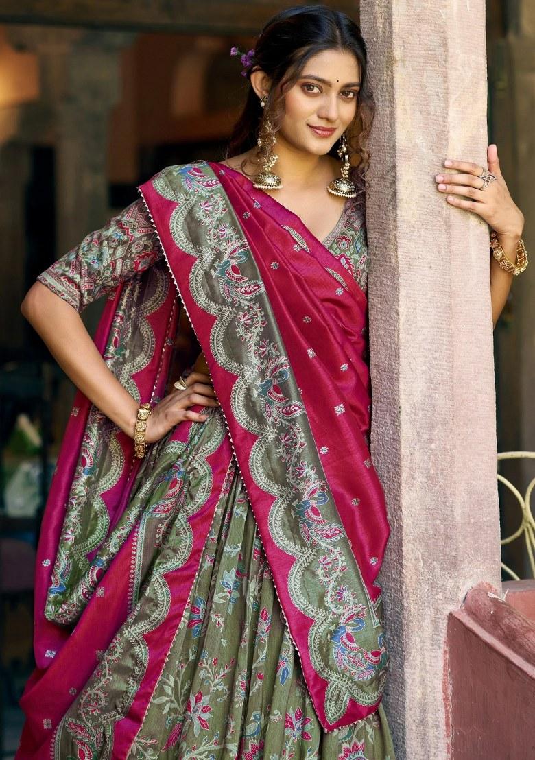 Green Foil Work Silk Lehenga Set - Indya