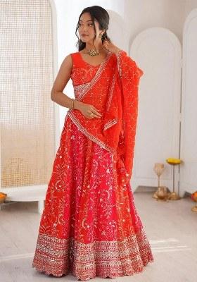 Orange Embroidered Georgette Lehenga Set