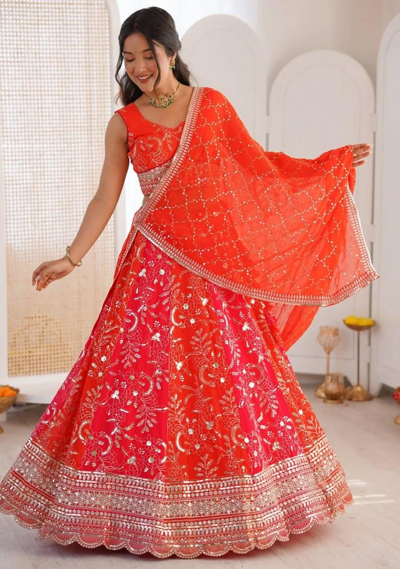 Orange Embroidered Georgette Lehenga Set - Indya