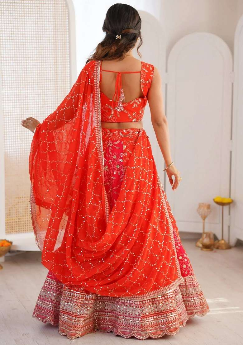Orange Embroidered Georgette Lehenga Set for Diwali and Festive Wear - Indya