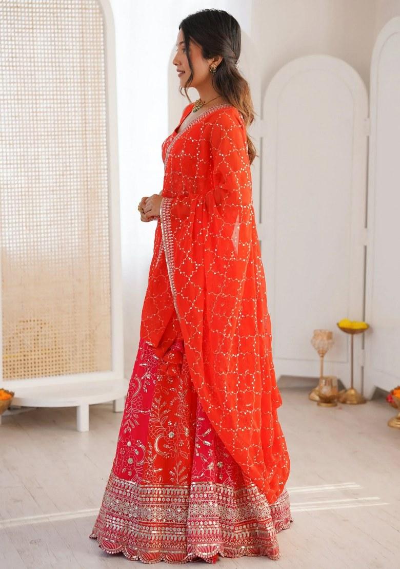 Orange Embroidered Georgette Lehenga Set - Indya