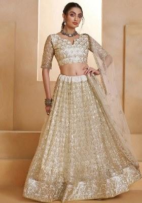 Off White Embroidered Net Lehenga Set
