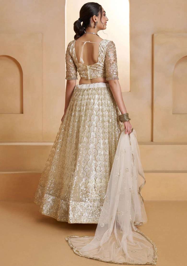Off White Embroidered Net Lehenga Set for Diwali and Festive Wear - Indya