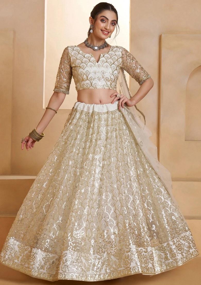 Off White Embroidered Net Lehenga Set - Indya