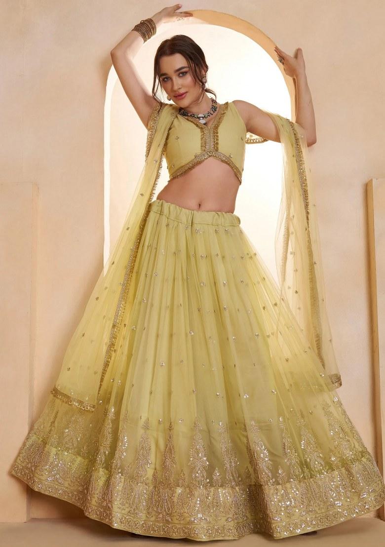 Yellow Embroidered Net Lehenga Set - Indya