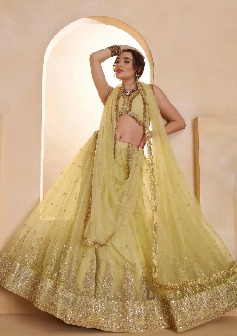 Yellow Embroidered Net Lehenga Set - Indya