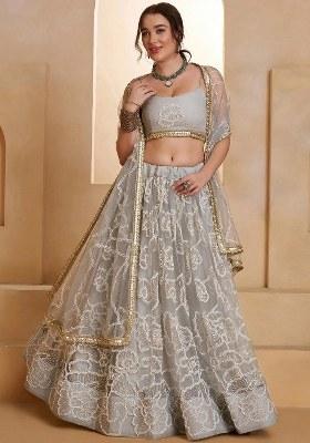 Blue Embroidered Net Lehenga Set