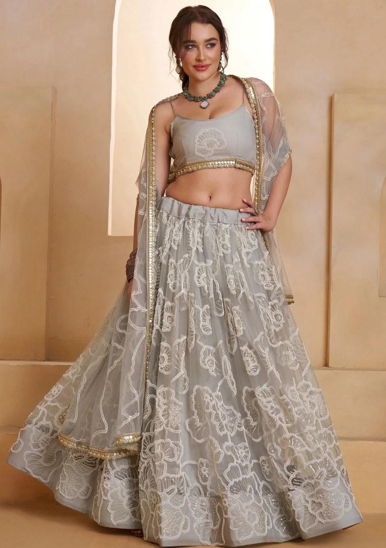 Blue Embroidered Net Lehenga Set - Indya