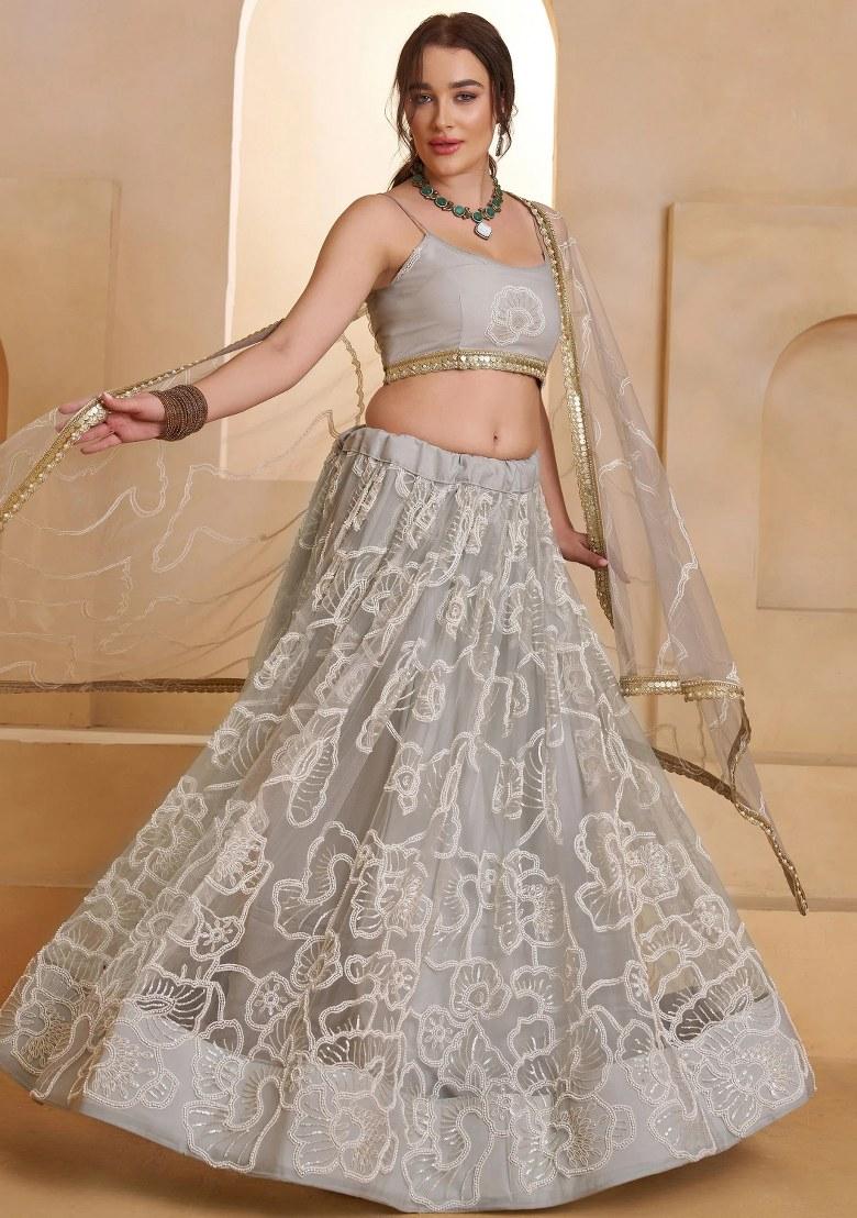Blue Embroidered Net Lehenga Set - Indya