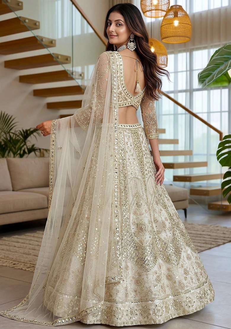 White Sequin Work Net Lehenga Set for Diwali and Festive Wear - Indya