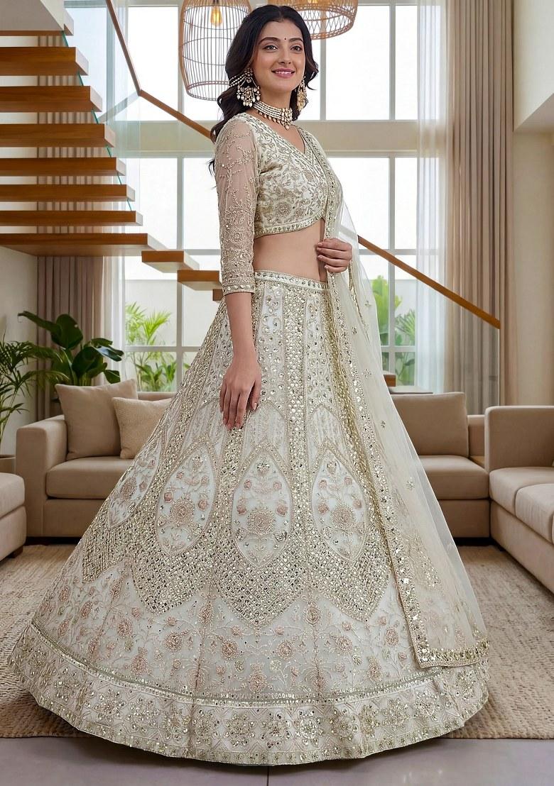 White Sequin Work Net Lehenga Set - Indya