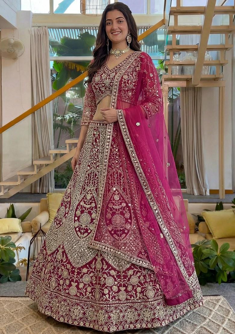 Pink Sequin Work Net Lehenga Set - Indya
