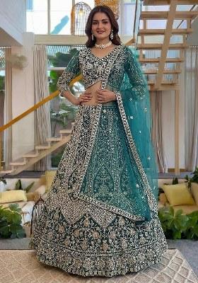 Green Sequin Work Net Lehenga Set