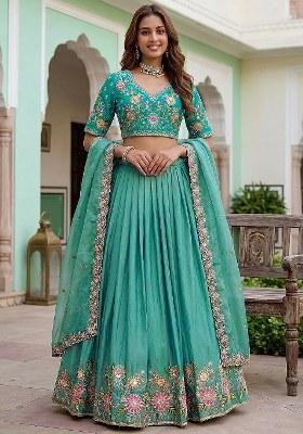 Green Embroidered Organza Lehenga Set