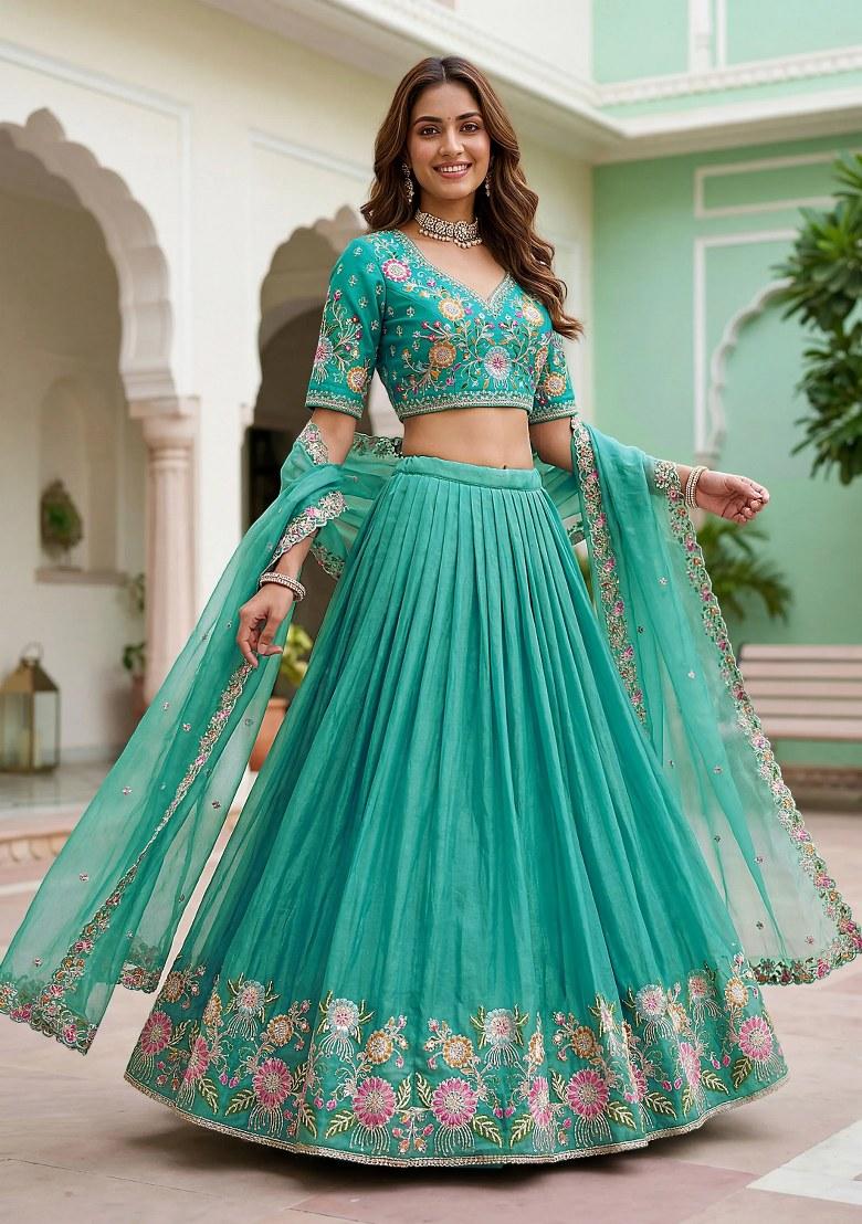 Green Embroidered Organza Lehenga Set - Indya