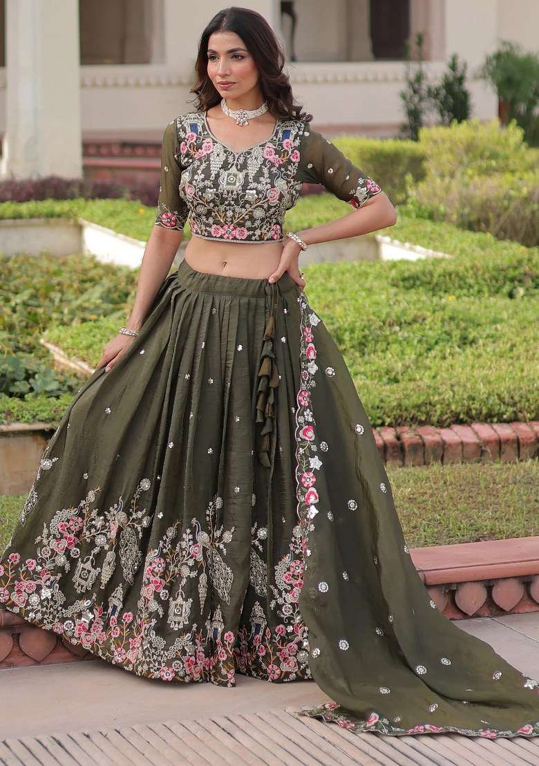 Green Sequin Work Crushed Lehenga Set - Indya