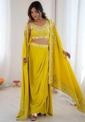 Yellow Embroidered Crepe Lehenga Set