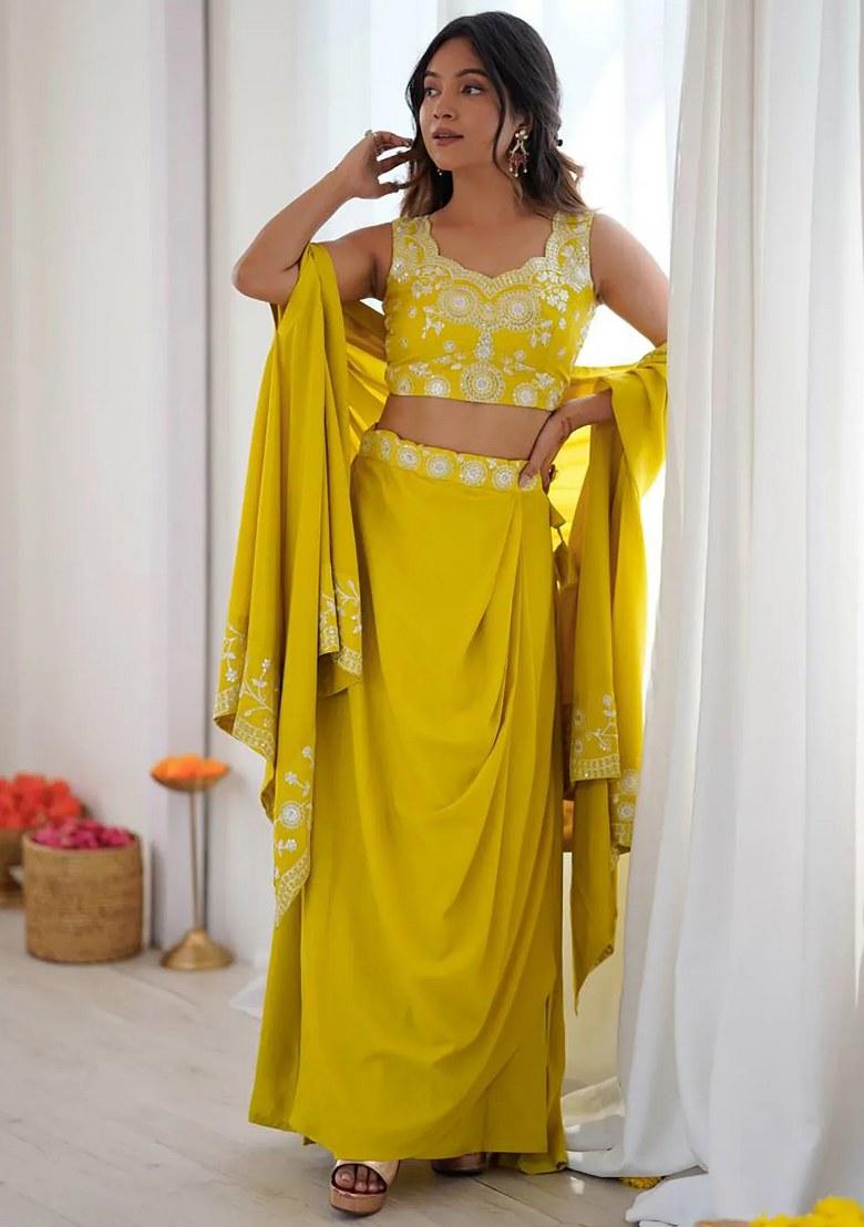Yellow Embroidered Crepe Lehenga Set - Indya