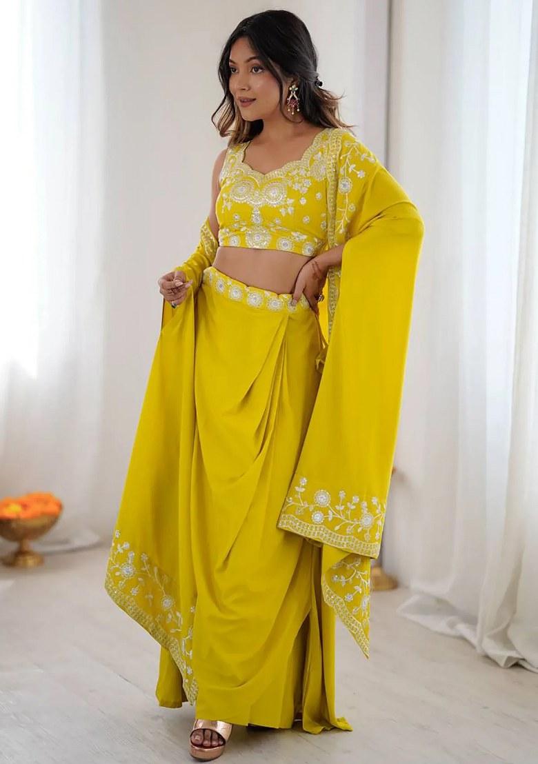Yellow Embroidered Crepe Lehenga Set - Indya