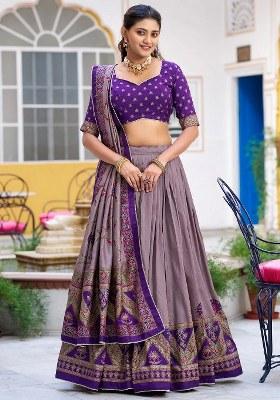 Purple Lace Work Silk Lehenga Set