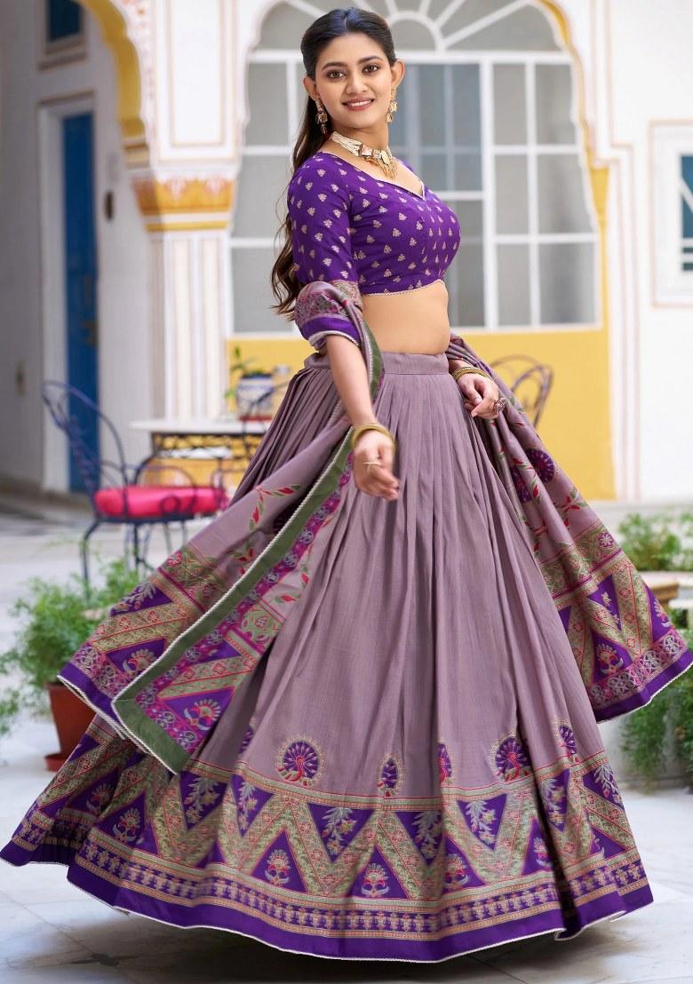 Purple Lace Work Silk Lehenga Set - Indya