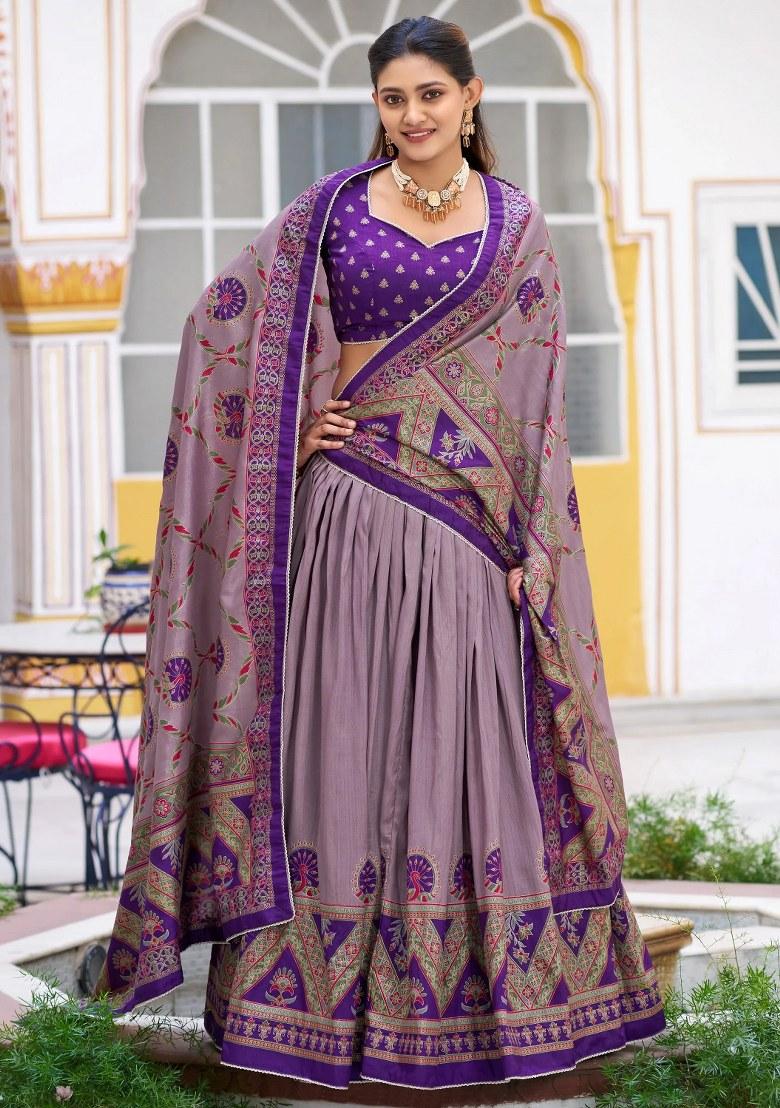 Purple Lace Work Silk Lehenga Set - Indya