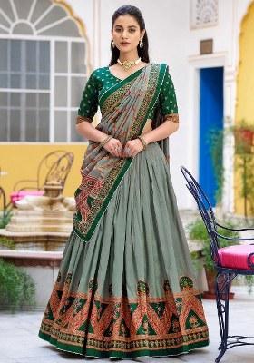 Green Lace Work Silk Lehenga Set